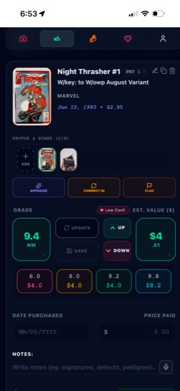 ComicScan.AI appraisal card showing a identified comic with grade and estimated value