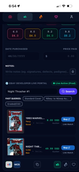 ComicScan.AI showing live matching eBay listings with buy buttons